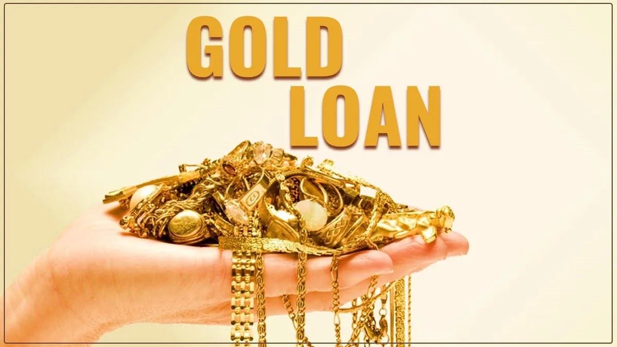 Indian woman giving gold jewelry for loan, with coins and loan approval text (Vizzve branding)